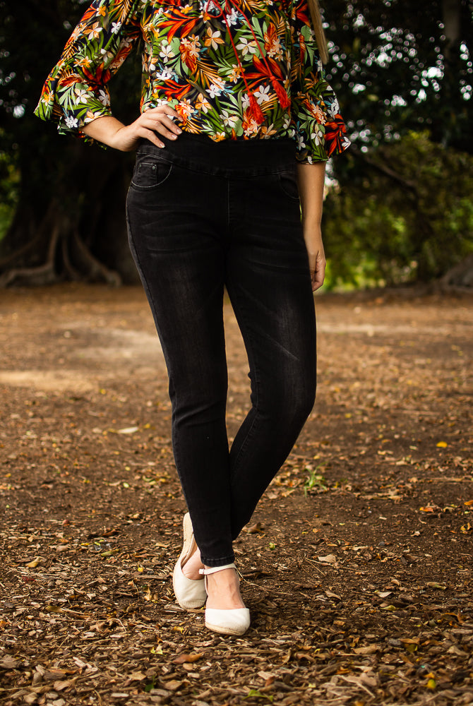 Stretch black denim pull on jeans