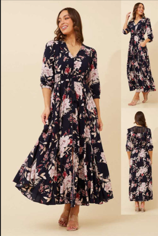 Pink navy floral maxi dress